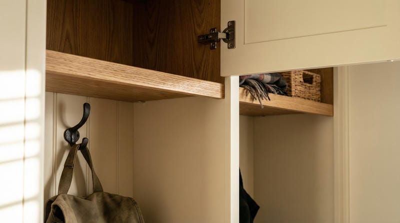 able-closet Open beige cabinet with wooden shelves, an attached hook holding a bag, and a woven basket and folded items on the upper shelf. Sunlight casts shadows on the left side.