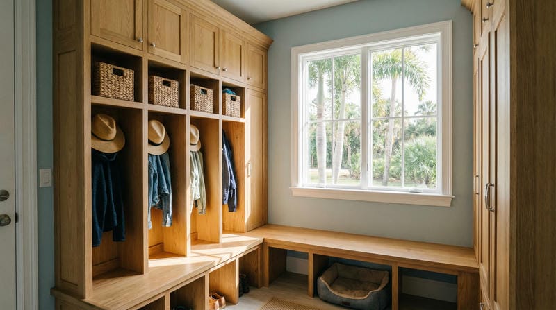 able-closet A mudroom with wooden lockers, each holding hats, jackets, and baskets. A window lets in natural light, and a bench runs along the wall with a pet bed underneath. Palm trees are visible outside.