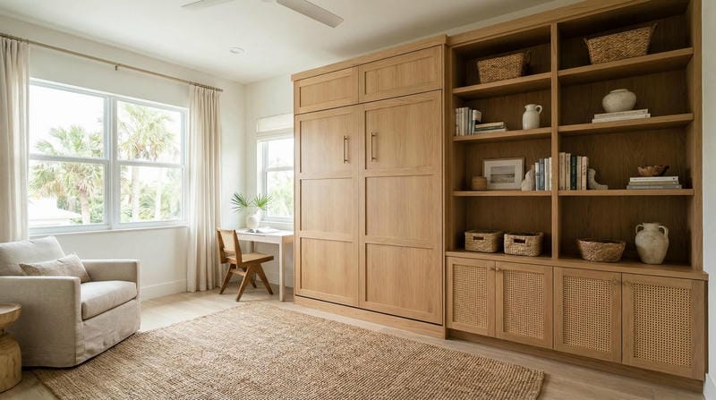 Wide view of complete custom murphy bed wall unit with integrated storage in Florida home