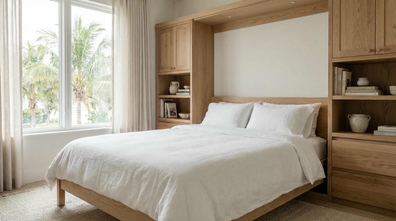 Custom murphy bed fully deployed in Florida guest room — Able Closets Treasure Coast installation