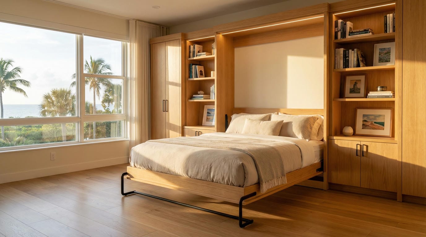 able-closet A bright bedroom with a large window showing palm trees and the ocean. A neatly made bed with neutral bedding is framed by built-in wooden shelves and cabinets, creating a cozy and organized space.