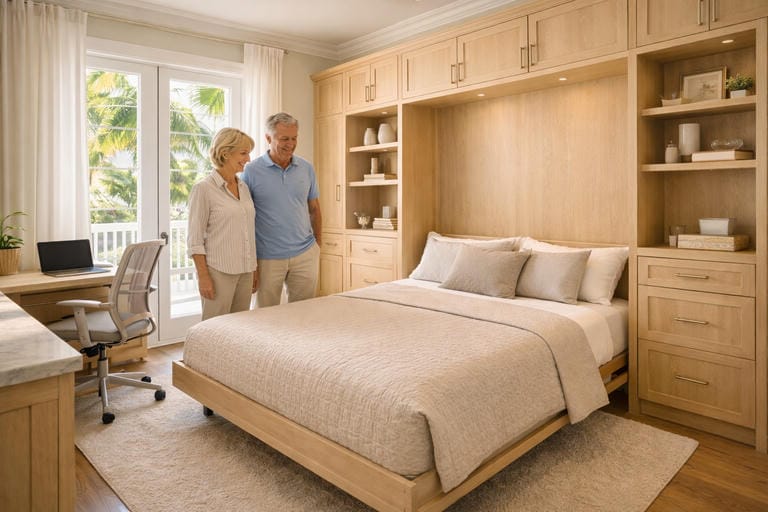 A happy family enjoying a spacious living room in Jensen Beach, FL, featuring a custom Able Closets Murphy bed seamlessly integrated into elegant cabinetry