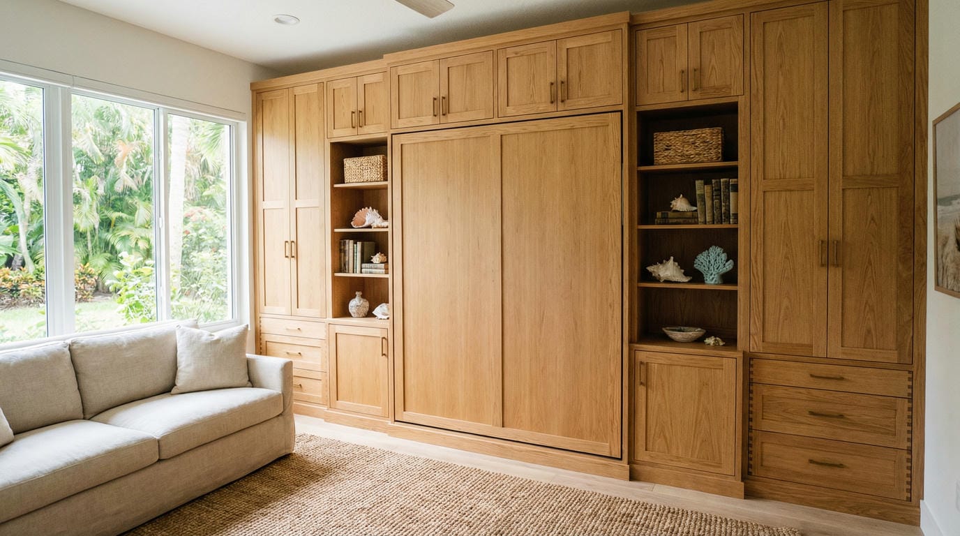 Custom Murphy bed and cabinetry in a modern home office in Jensen Beach, FL, showcasing elegant space-saving design and premium craftsmanship