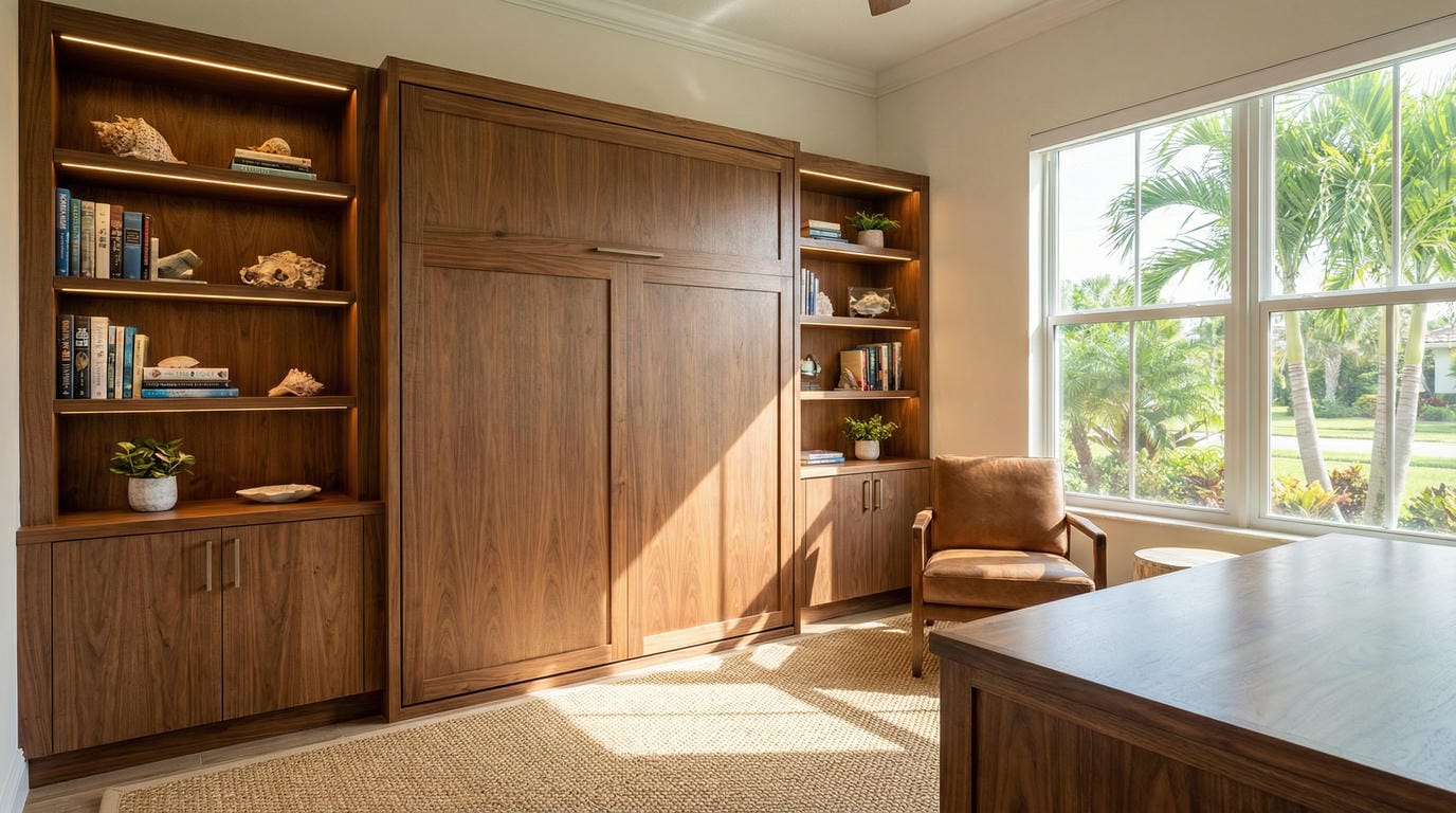 A beautifully integrated custom Murphy bed in a modern Jensen Beach, FL home, showcasing the quality craftsmanship and seamless design of Able Closets.