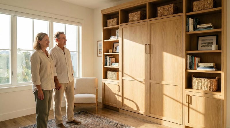 Homeowner experiencing transformed guest room with custom murphy bed wall unit by Able Closets