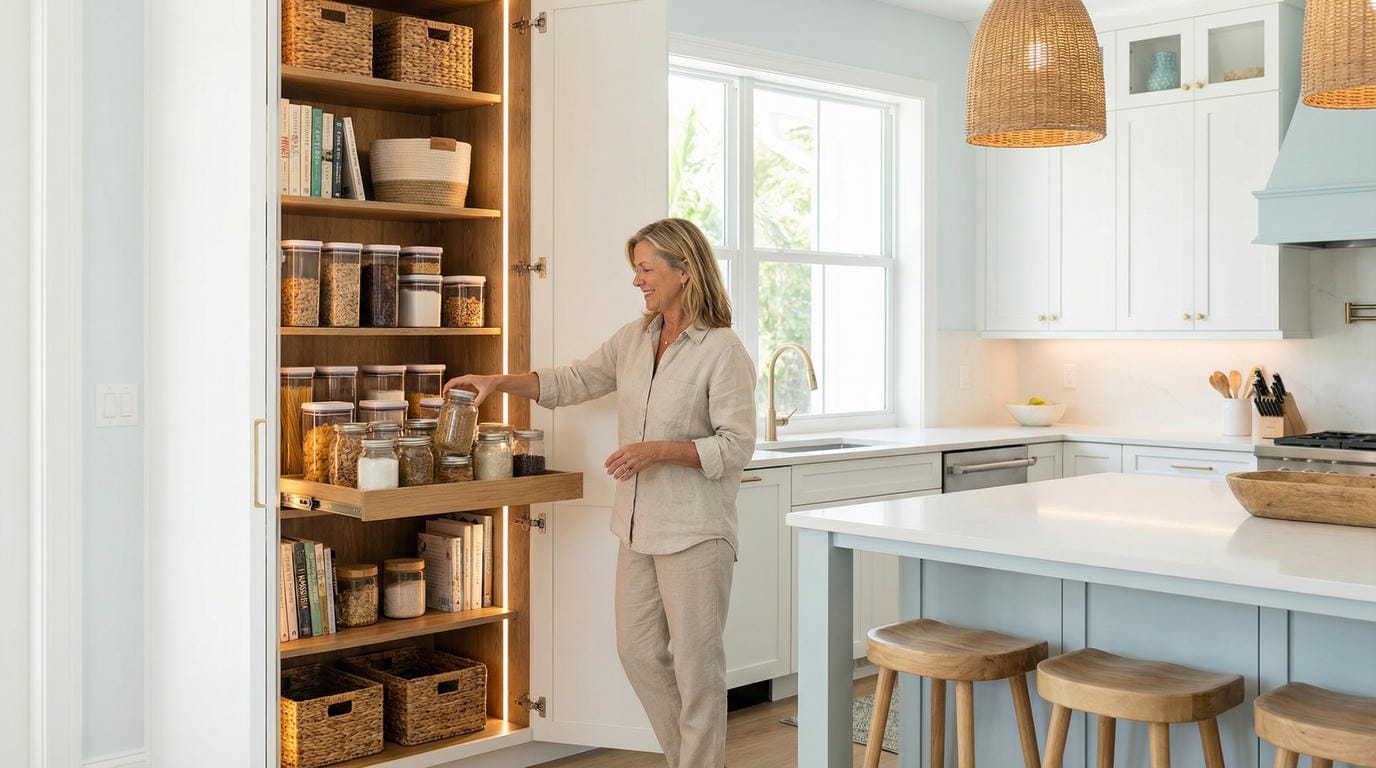 Jensen Beach homeowner enjoying organized custom pantry cabinet system with pull-out shelves and LED lighting in coastal Florida kitchen