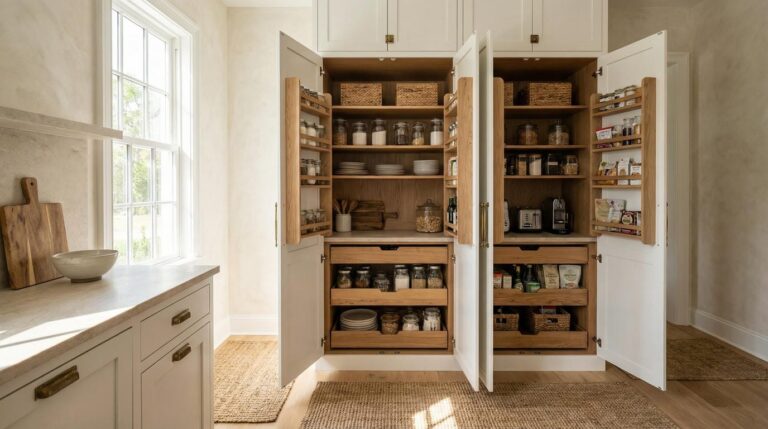 Custom pantry cabinet system fully open showing pull-out drawers, door-mounted storage, and organized food zones in Jensen Beach Florida kitchen.
