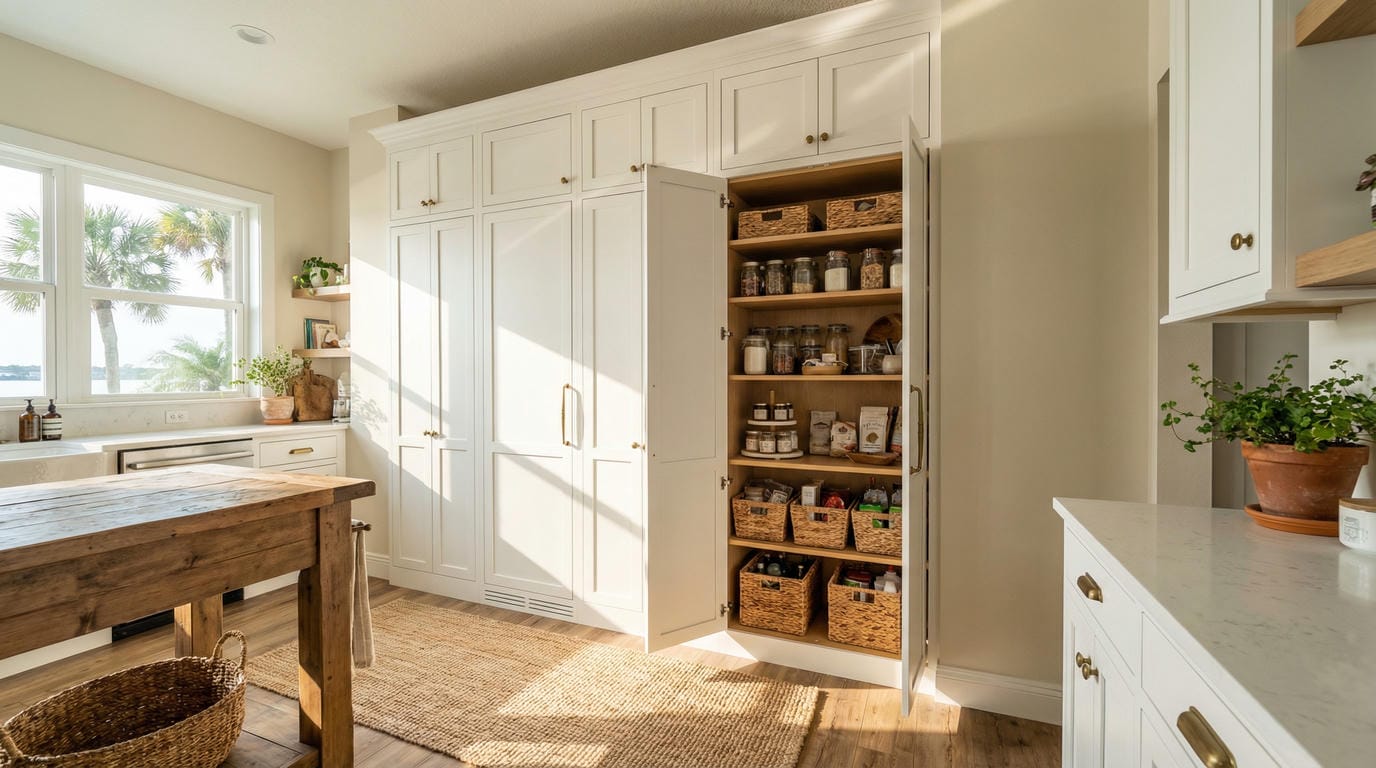 Custom floor-to-ceiling pantry cabinet system in Treasure Coast Florida kitchen with palm trees visible through window.