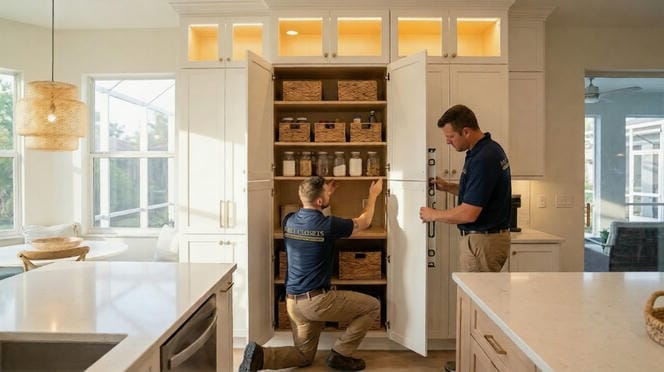 Able Closets installation team adjusting custom pantry cabinet shelving with level during professional install in Jensen Beach Florida home.