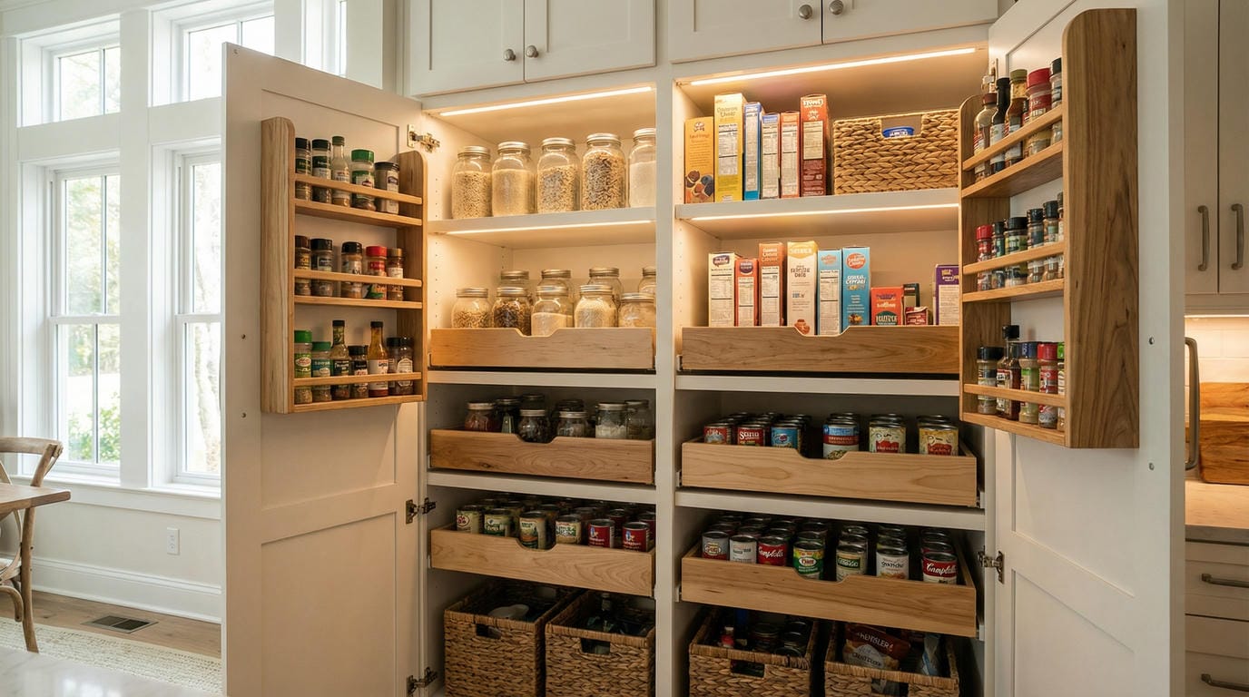 Close-up of organized custom pantry interior showing pull-out shelves, door-mounted spice racks, LED lighting, and categorized food zones