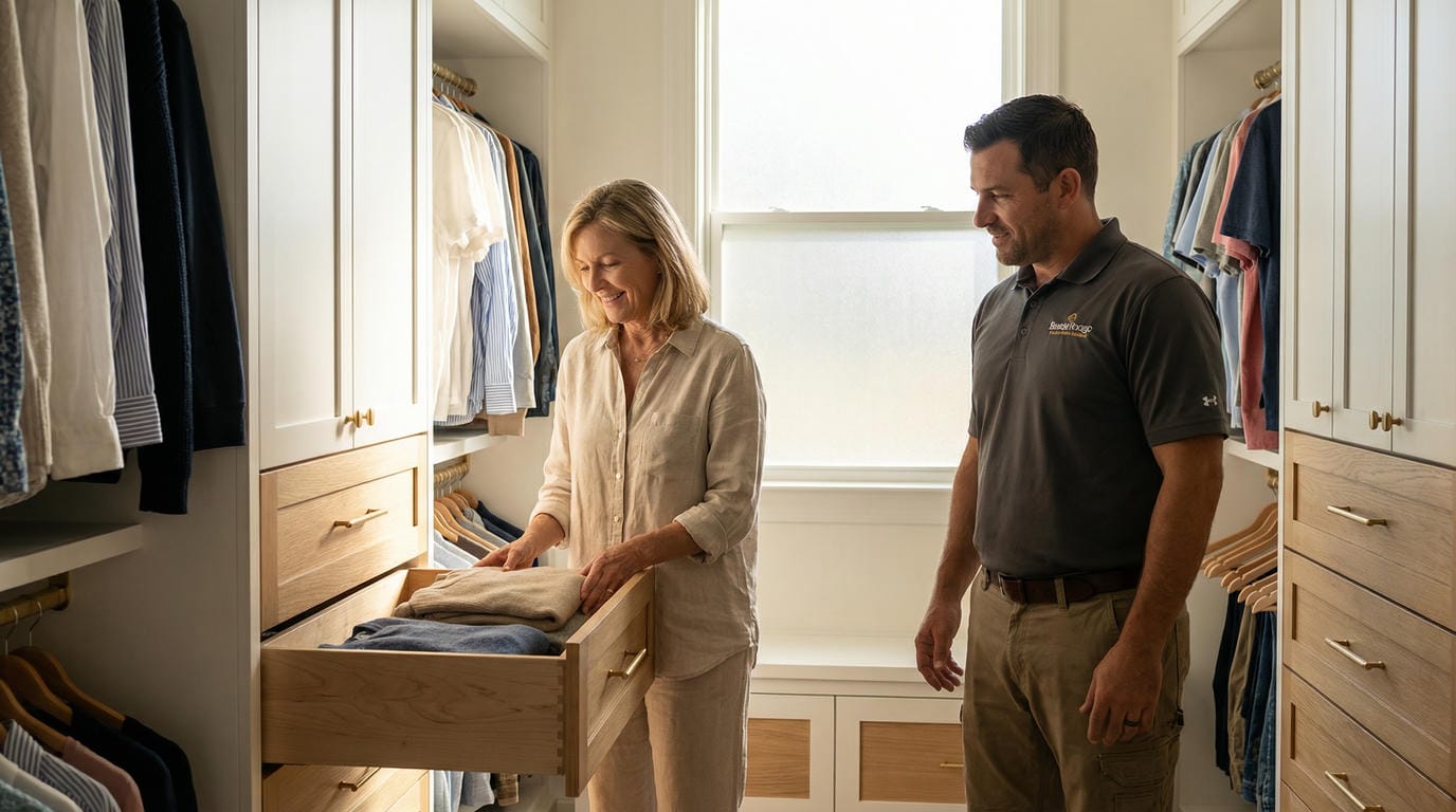 Able Closets installer walking homeowner through completed custom closet installation testing real wood drawers in Jensen Beach Florida.