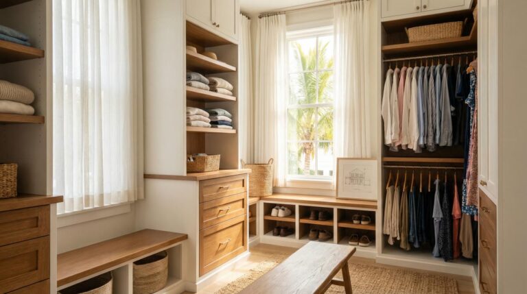 Able Closets installer walking homeowner through completed custom closet installation testing real wood drawers in Jensen Beach Florida.