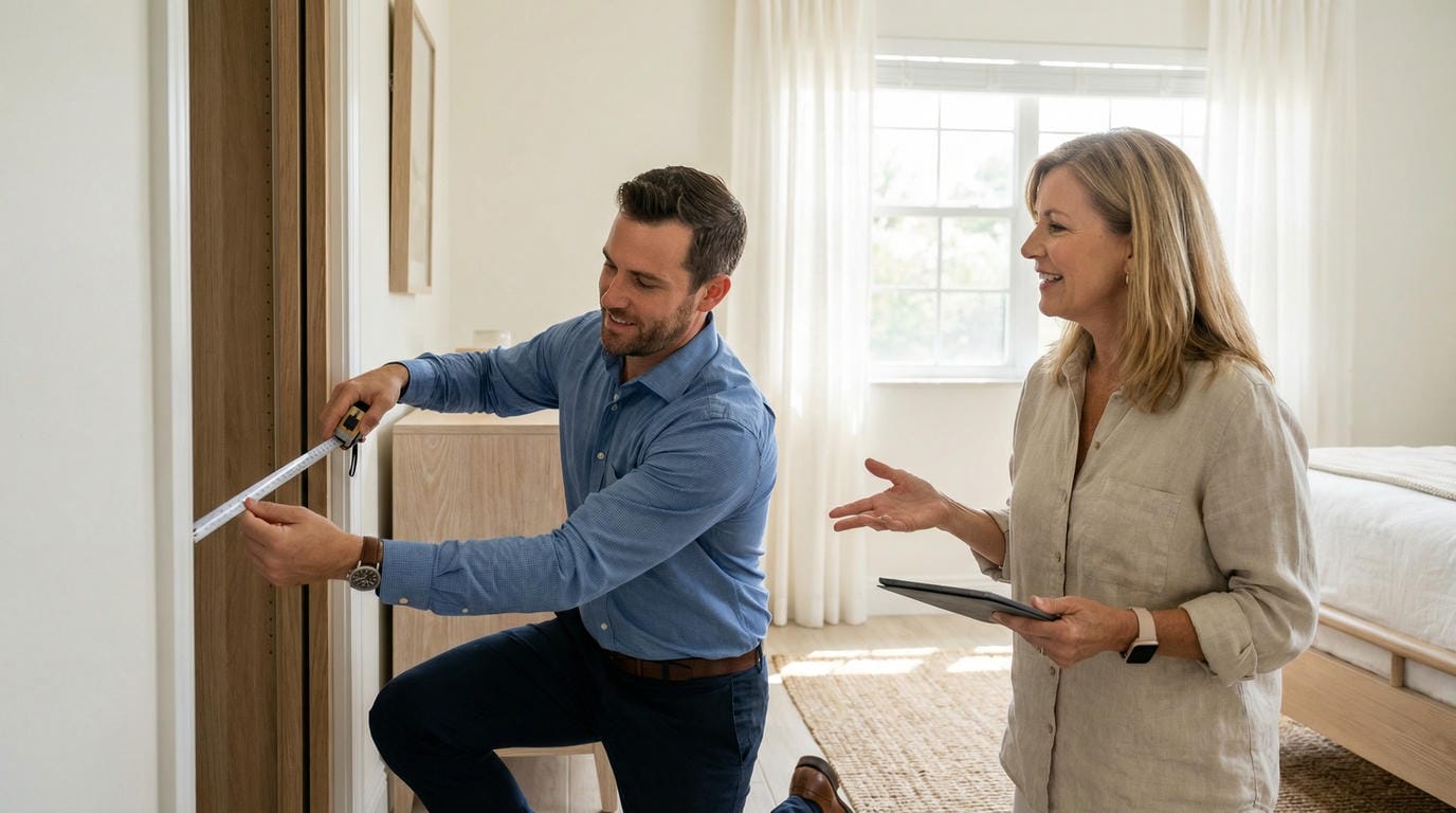 Able Closets design consultant measuring closet space during free in-home consultation with Jensen Beach homeowner