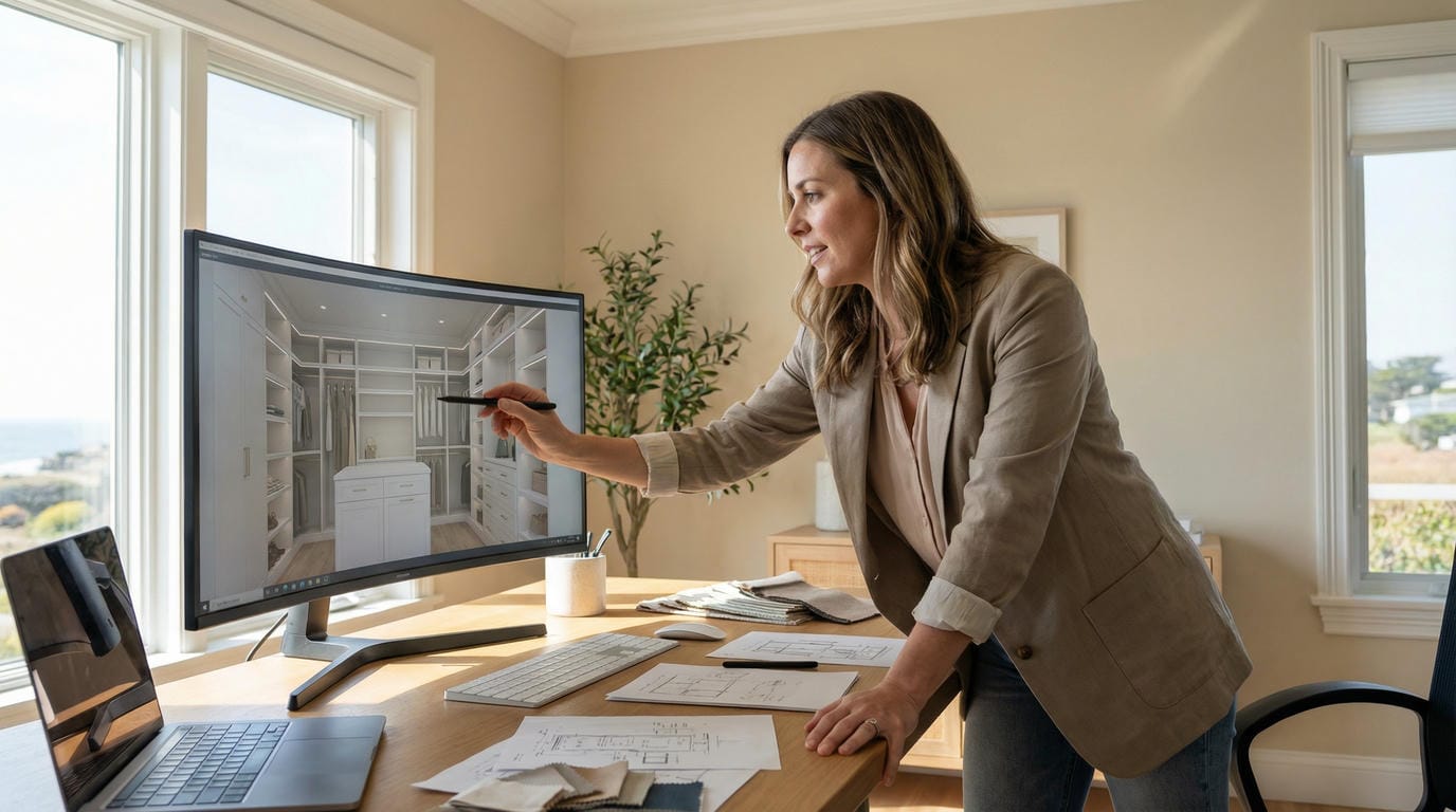 Able Closets design consultant reviewing photorealistic 3D closet rendering on screen with fabric samples and floor plans