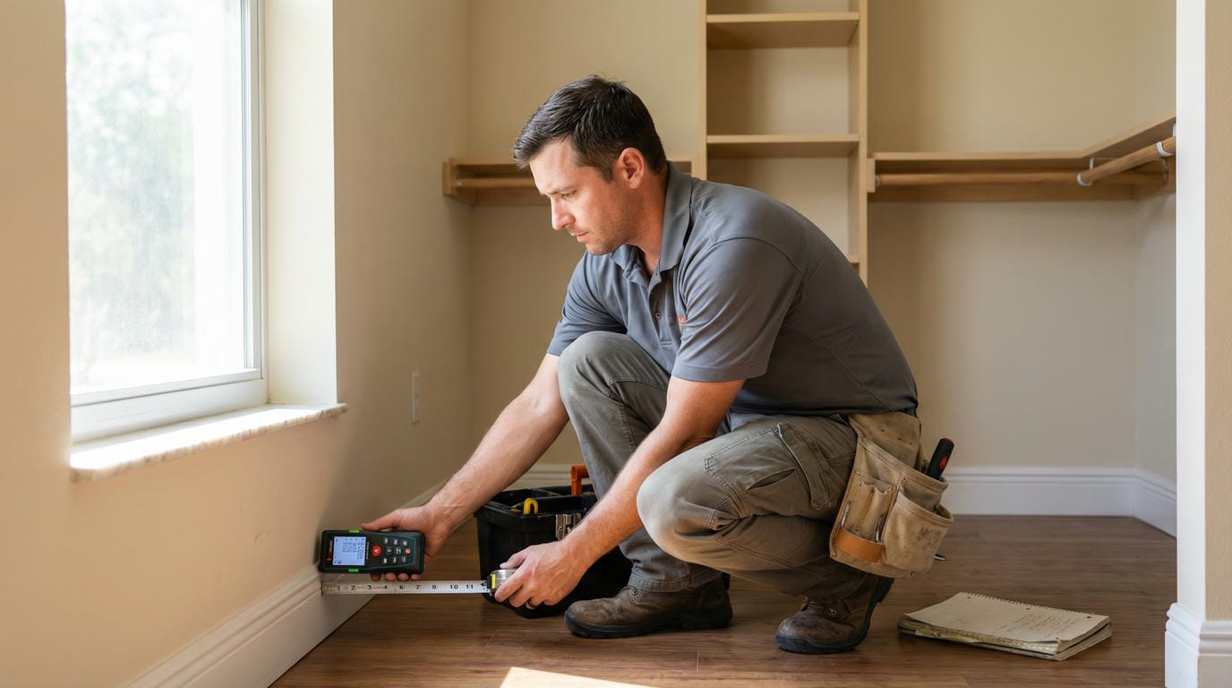 Able Closets installer using laser measure and tape measure for precision remeasure of closet space before manufacturing in Jensen Beach home.