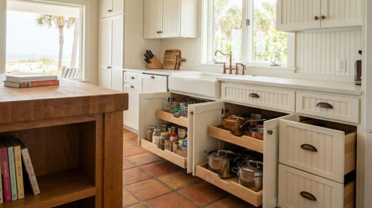 Multiple custom pull-out shelves open in coastal Treasure Coast kitchen showing complete cabinet organization system with beach and palm trees visible.