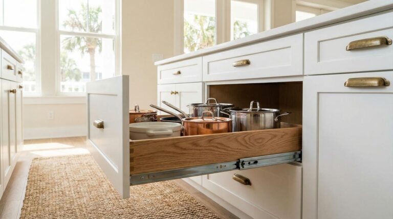 Real wood pull-out shelf loaded with cookware showing ball-bearing slides and quality construction in Jensen Beach Florida kitchen with palm trees visible.