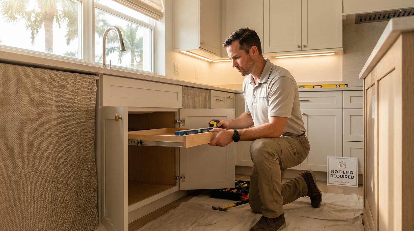 Able Closets installer leveling custom pull-out shelf during professional installation in existing kitchen base cabinet with drop cloth protecting floor.