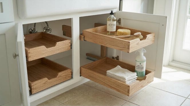 Custom real wood pull-out trays installed under kitchen sink working around plumbing with organized cleaning supplies in Jensen Beach Florida home.