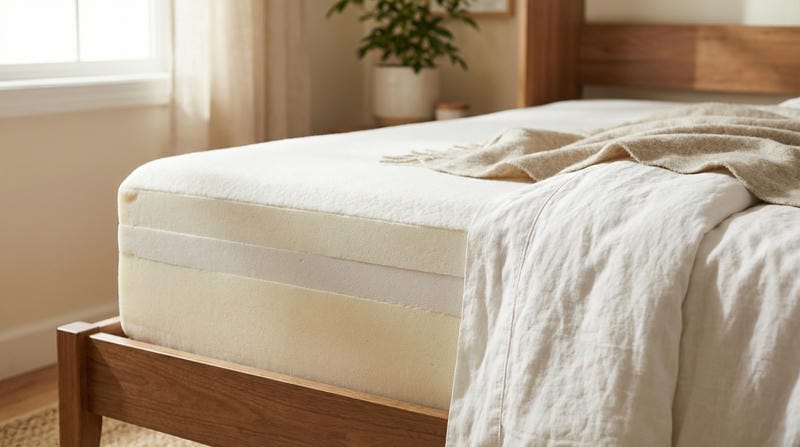 Close-up of the edge of a real 10-inch memory foam mattress on a deployed queen Murphy bed showing substantial mattress depth with white cotton bedding in a warm Florida interior.