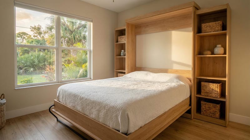 able-closet A cozy bedroom with a wooden Murphy bed, white bedding, built-in side shelves with baskets and decor items, light-colored walls, wood floors, and a large window showing green trees outside.