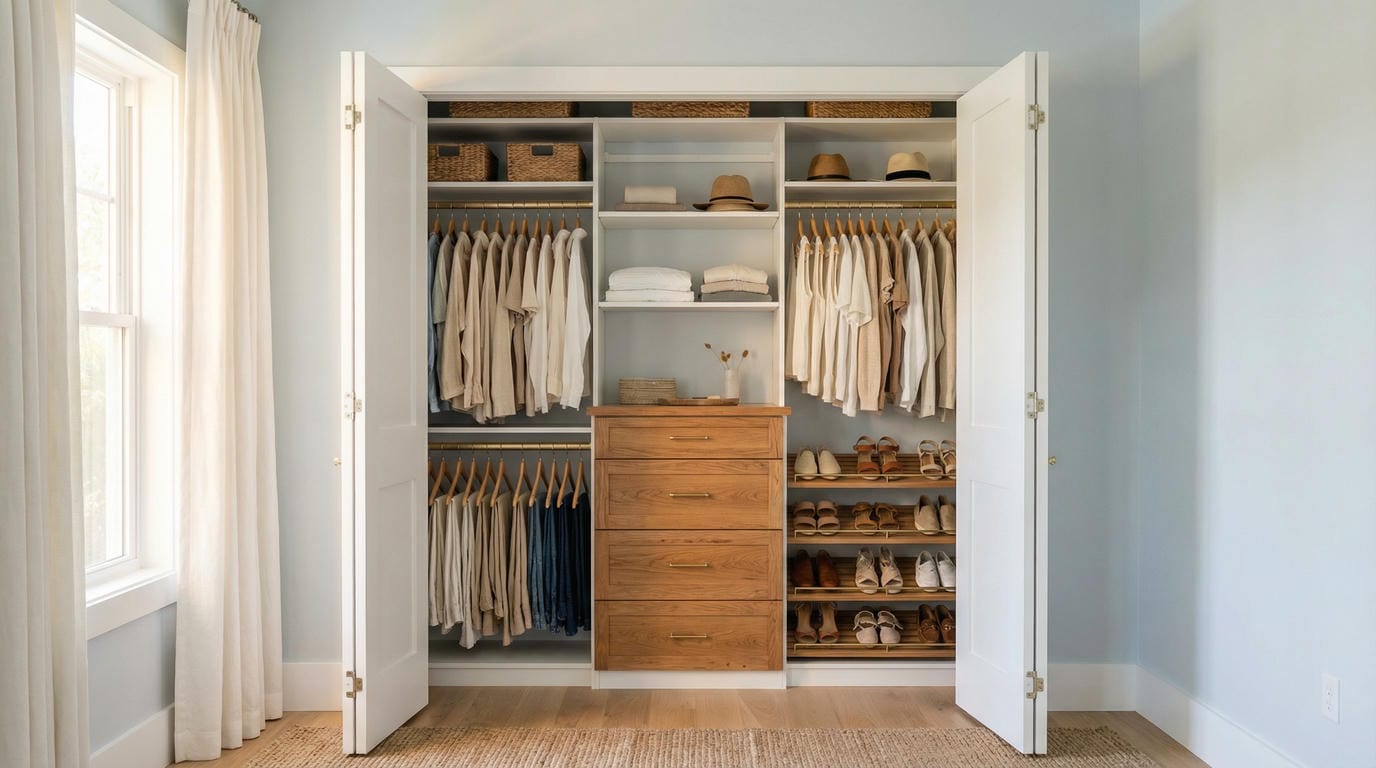 Custom reach-in closet with center real wood drawer tower, double hanging rods, shoe rack, and floor-to-ceiling storage in Jensen Beach Florida bedroom.