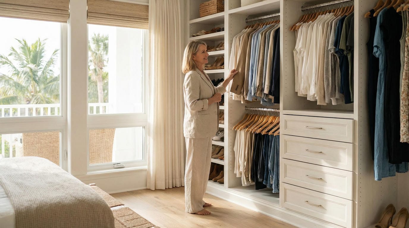 Woman selecting outfit from organized custom reach-in closet with double rods, drawer tower, and shoe storage in Florida bedroom with palm trees visible through window.