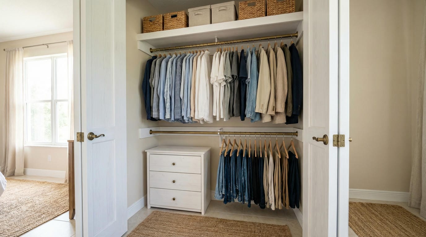 Custom reach-in closet with double hanging rod system, small drawer unit, and top shelf storage maximizing vertical space in Florida bedroom.