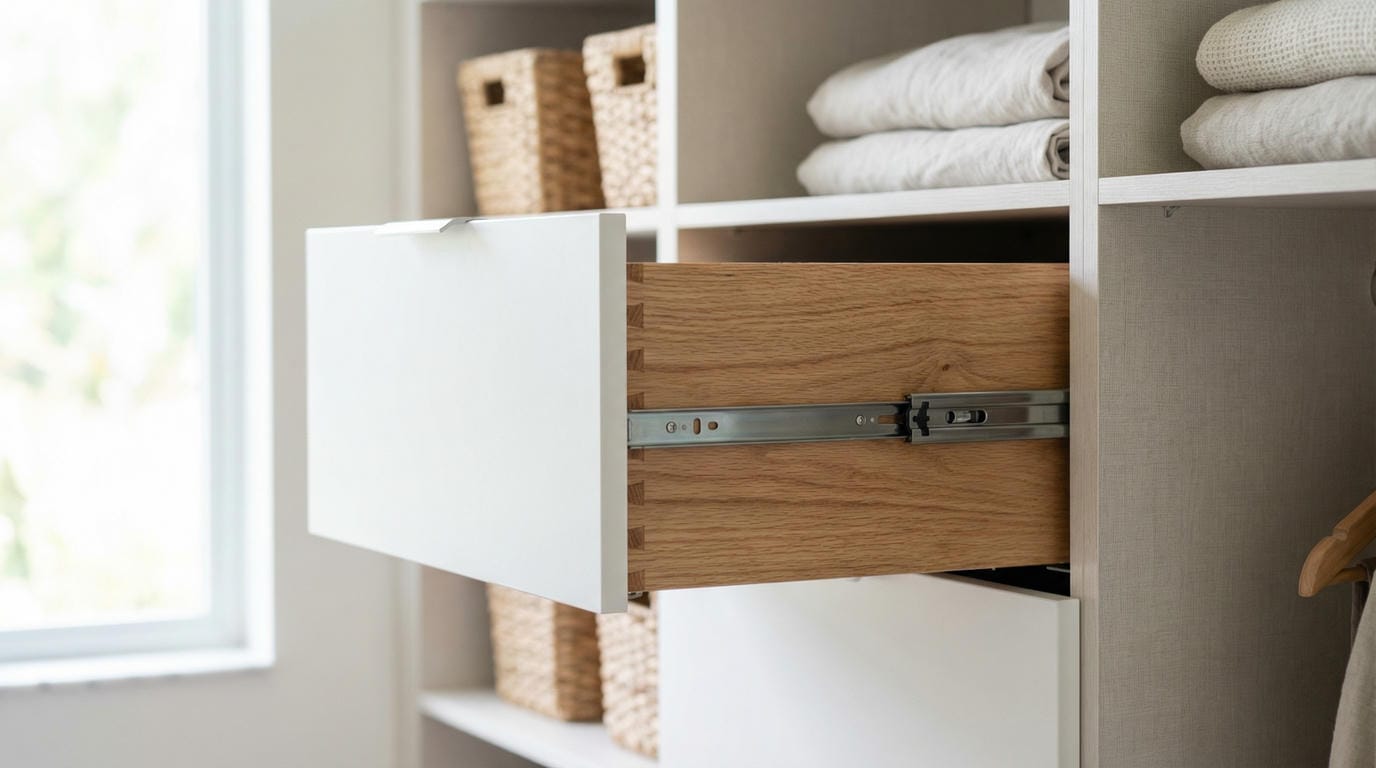 Close-up of real wood drawer box with ball-bearing slides in custom reach-in closet showing dovetail joinery and quality construction by Able Closets.