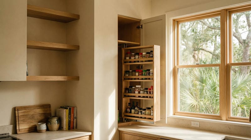 able-closet A bright kitchen with wooden shelves, a few cutting boards, jars, and cookbooks. Next to a window, a pull-out spice rack is open, displaying neatly organized spices. Trees can be seen outside the window.