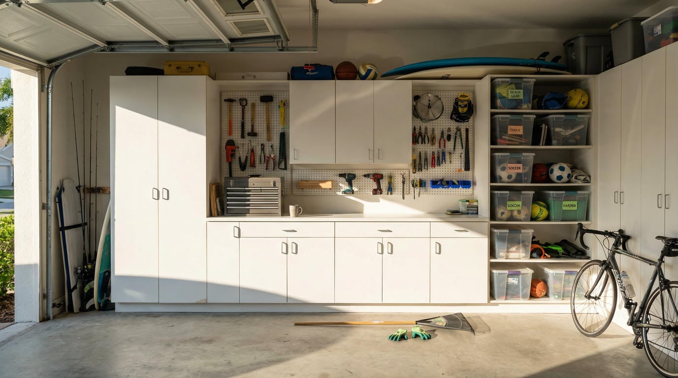 able-closet A clean, organized garage with white cabinets, wall-mounted tools, plastic storage bins, a bicycle, and sports equipment. Sunlight shines through the open garage door, creating a bright, tidy workspace.