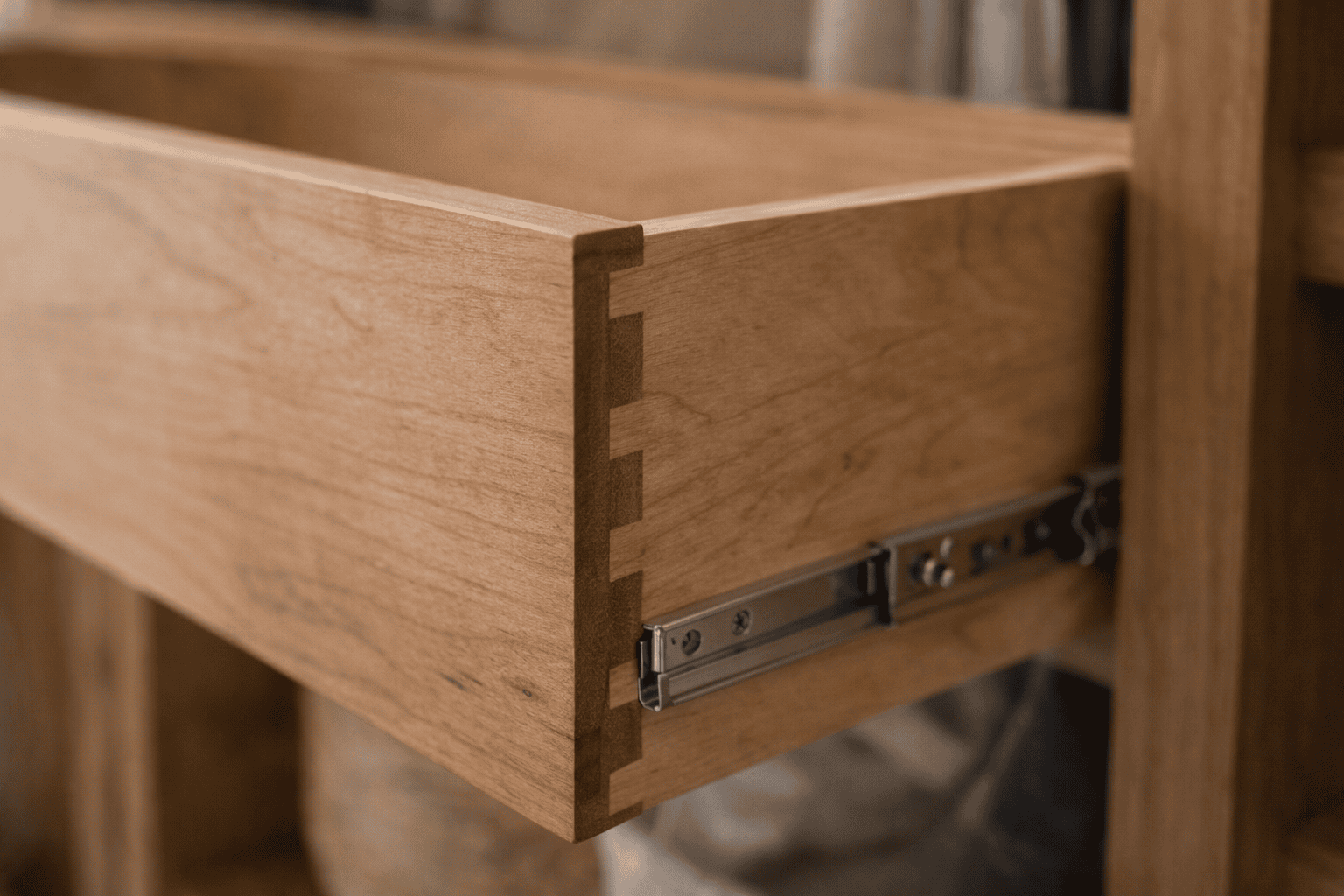 able-closet A close-up of a wooden drawer partially open, showing dovetail joints at the corner and a metal drawer slide attached to the side. The wood has a smooth, natural finish.