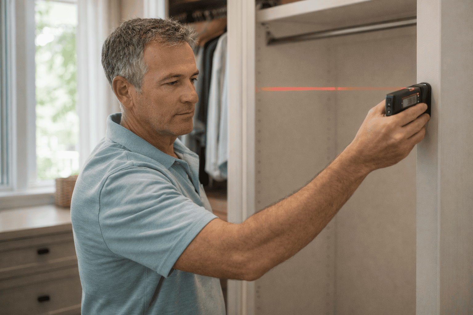 able-closet A man in a light blue polo shirt uses a handheld laser distance measurer to check the dimensions of a closet. The red laser line is visible on the closet wall.