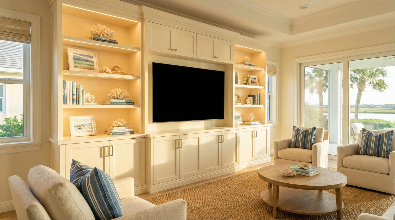 Custom wall unit in a luxurious Jensen Beach, FL living room, designed by Able Closets for elegant storage and display.