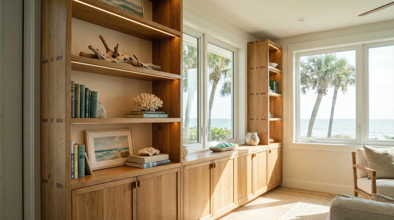 Luxurious custom wall unit in a modern Jensen Beach, FL home, showcasing organized storage and premium craftsmanship.