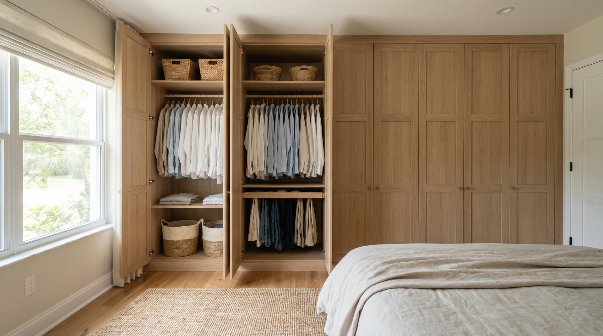 Finished custom wardrobe cabinet system with organized clothing storage in Florida master bedroom