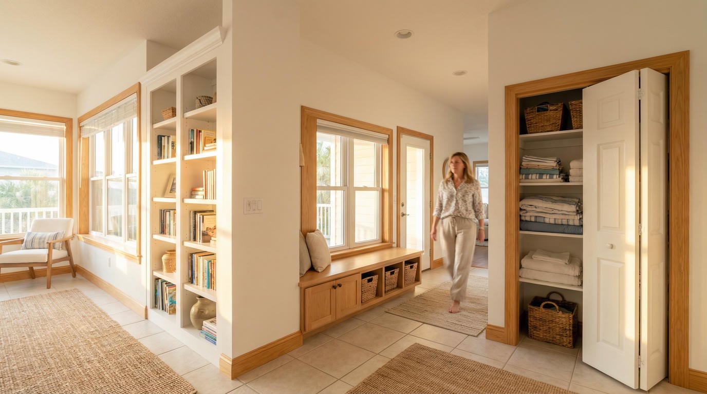 able-closet A woman walks barefoot through a bright hallway with large windows, built-in shelves, a bench with storage, and an open closet with neatly folded linens and baskets. The space has light walls and wooden trim.