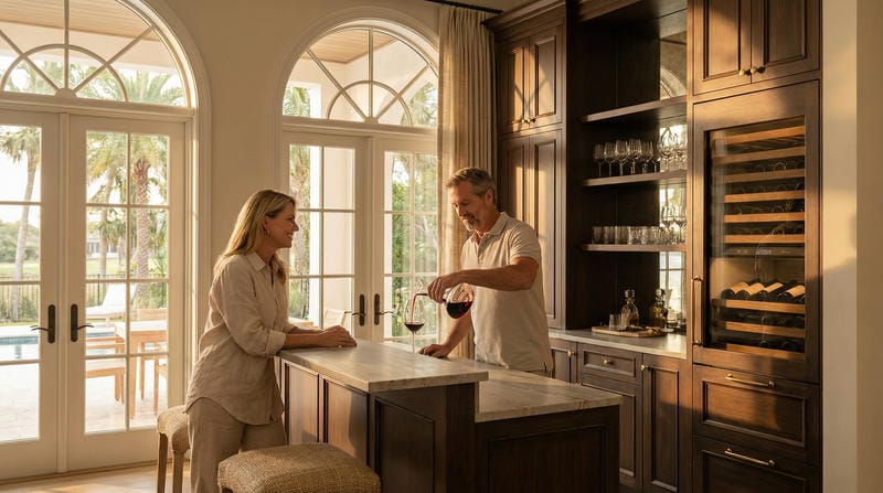 Mature couple enjoying wine at a custom home bar with integrated wine storage in their Florida home, relaxed entertaining lifestyle.
