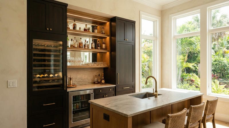 Photorealistic image of a custom home bar with integrated wine storage, under-counter refrigerator, and stone counter in a Florida luxury home.