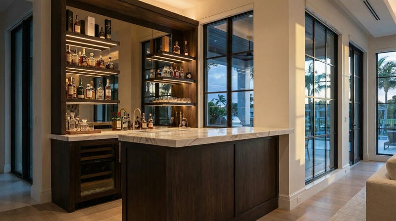A custom luxury home bar in a Florida residence, featuring dark espresso wood, marble counter, and integrated wine storage.