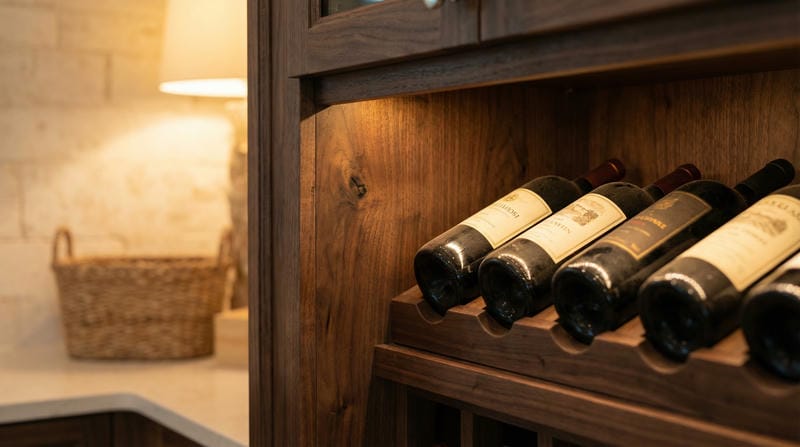 Close-up of a custom built-in wine rack with dark wood finish, holding wine bottles horizontally, illuminated by warm ambient light.
