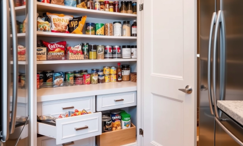 able-closet A neatly organized kitchen pantry with shelves holding various canned goods, jars, boxes, and bags of snacks. Two drawers beneath the shelves are partially open, revealing more packaged food items.