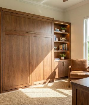 A beautifully integrated custom Murphy bed in a modern Jensen Beach, FL home, showcasing the quality craftsmanship and seamless design of Able Closets.