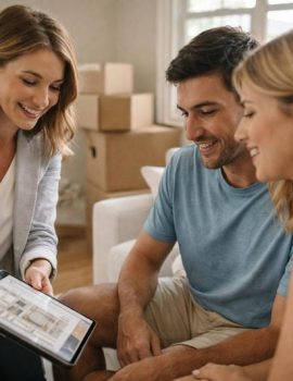 able-closet A smiling real estate agent shows a floor plan on a tablet to a happy couple sitting on a couch in a bright room with moving boxes in the background.