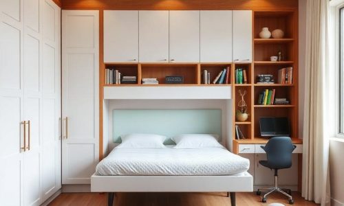 able-closet Modern bedroom with a neatly made bed, built-in white cabinets with wooden shelves above and around the bed, a small desk with a computer, a black chair, books, and decor by a window letting in natural light.