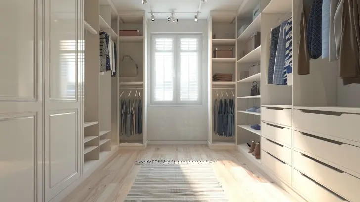 able-closet A spacious, modern walk-in closet with open shelves, drawers, hanging clothes, and a window at the end letting in natural light. A striped rug lies on the light wooden floor.