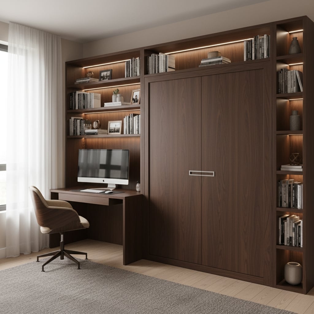 able-closet A modern home office featuring a wall unit with built-in shelves, a desk with a computer, books and decor, and a closed Murphy bed, set in a bright room with light curtains and a gray rug.