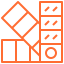 able-closet Orange outline icon of three overlapping color swatches or paint sample cards, with one swatch fanned out and showing different circular and rectangular shapes.
