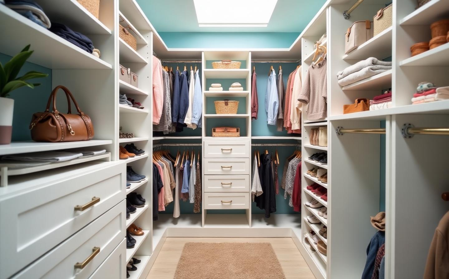 able-closet A neatly organized walk-in closet with shelves, drawers, and hanging rods displaying clothes, shoes, bags, and baskets. The space is well-lit by a ceiling light, with a beige rug on the floor.