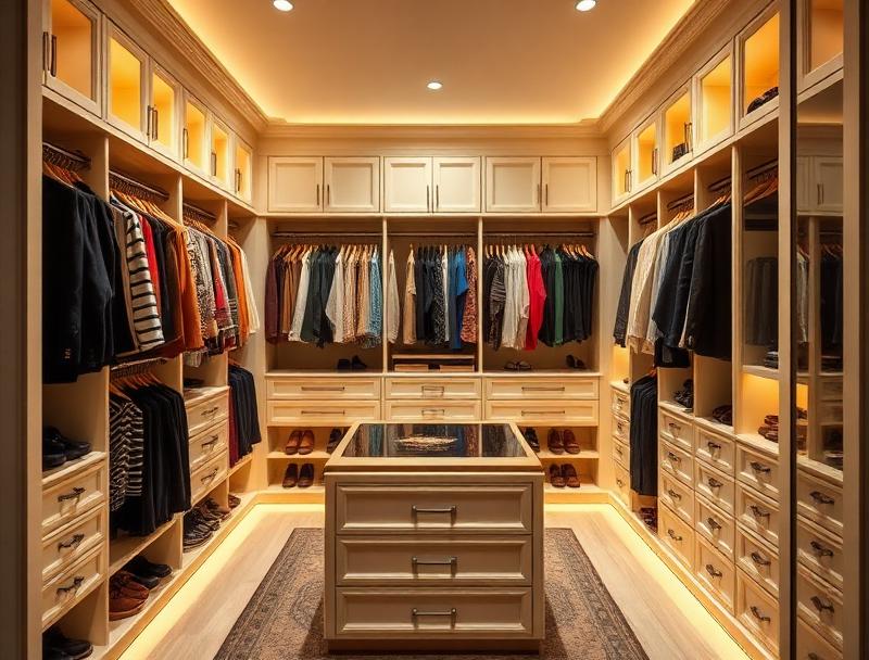 able-closet A spacious, well-lit walk-in closet with cream-colored built-in shelves and drawers, neatly organized with hanging clothes, shoes, and accessories. A large island with drawers sits in the center under warm ceiling lights.